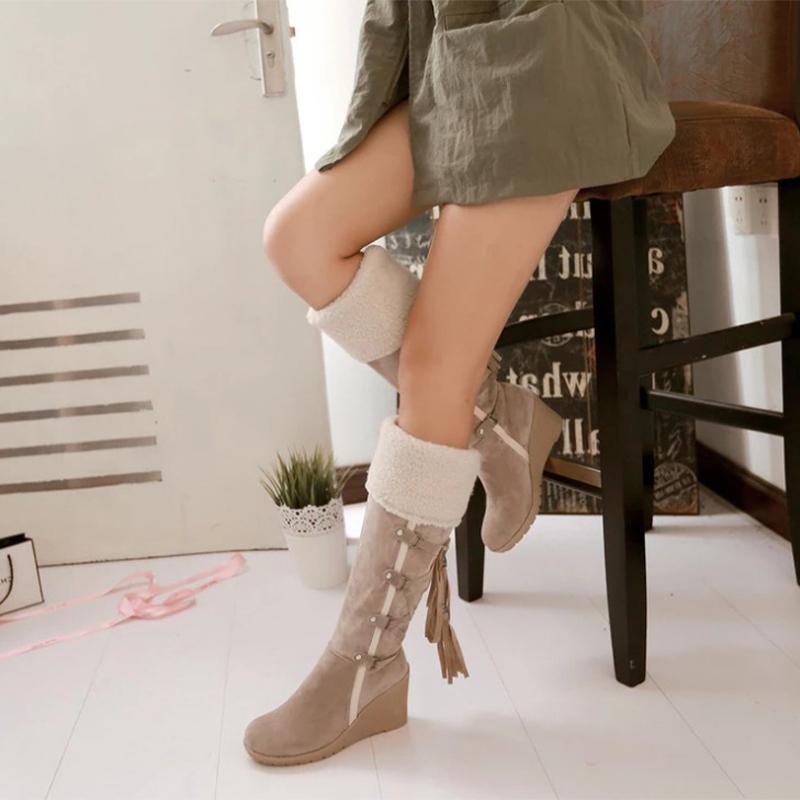 

Women Snow Boots Winter Big Size Ladies Lace Up Tassel Warm Cotton Knee High Boots Female Wedge Heels Shoes Women's Footwear, Beige
