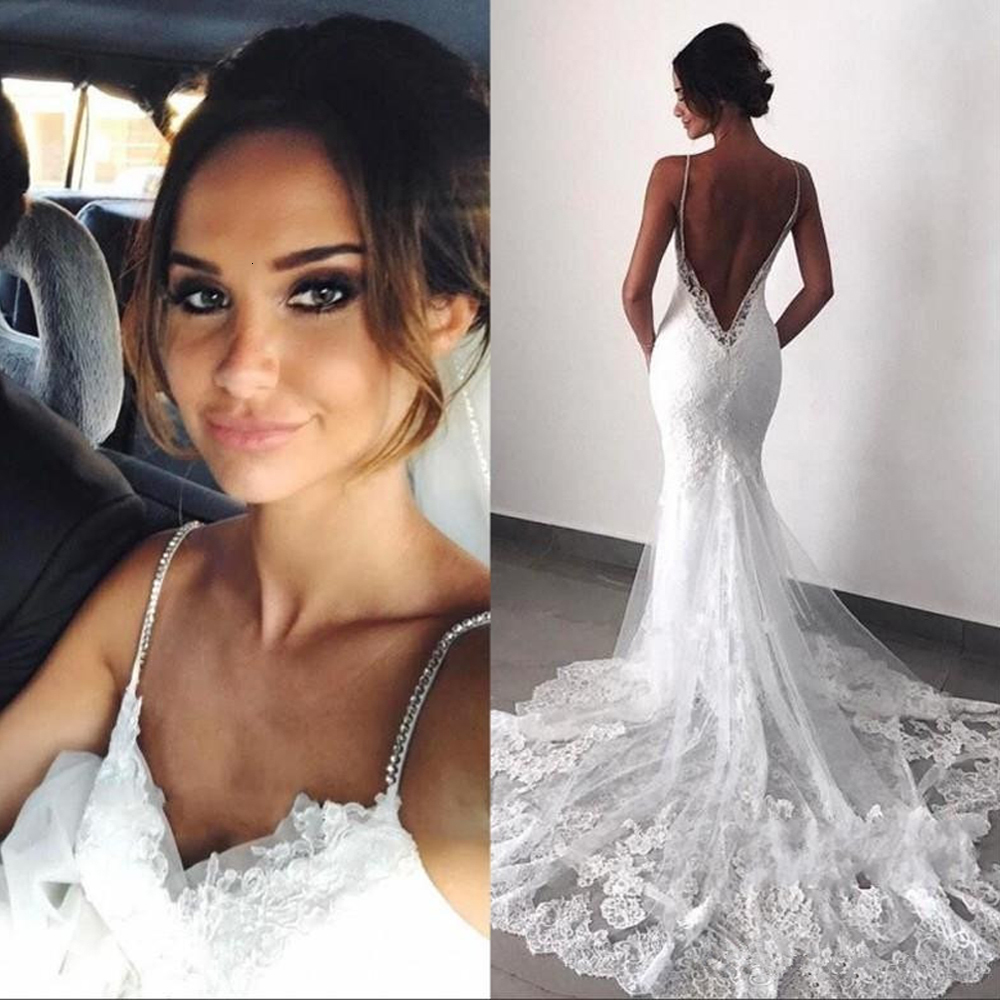 

2021 New Sexy with No Mermaid Gowns Wedding Dress Straps Train Sweeping Gown Artisanal Bride Trouwjurk 7W1D, Ivory