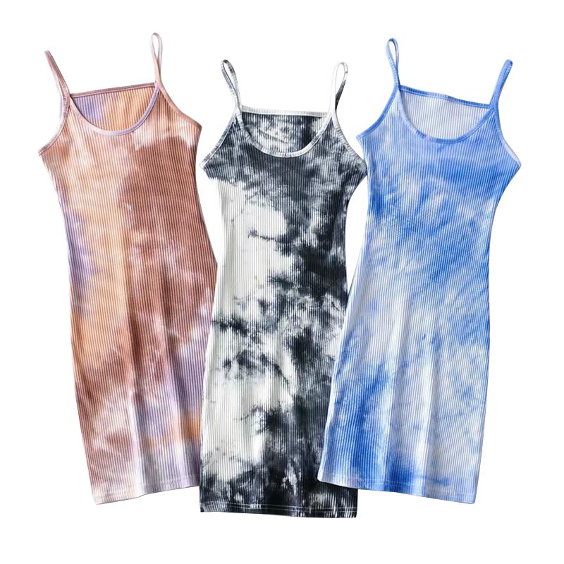 

Women Sexy Bodycon Mini Dress Fashion Tie Dye Print Spaghetti Strap Rib Knit Cami Dress