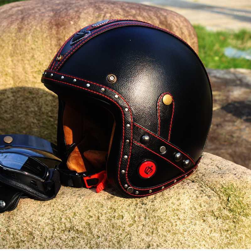 

3/4 Open Face Helmet New Synthetic Leather Motorcycle Helmet Retro Vintage Cruiser Chopper Scooter Cafe Racer Moto1, Design 1