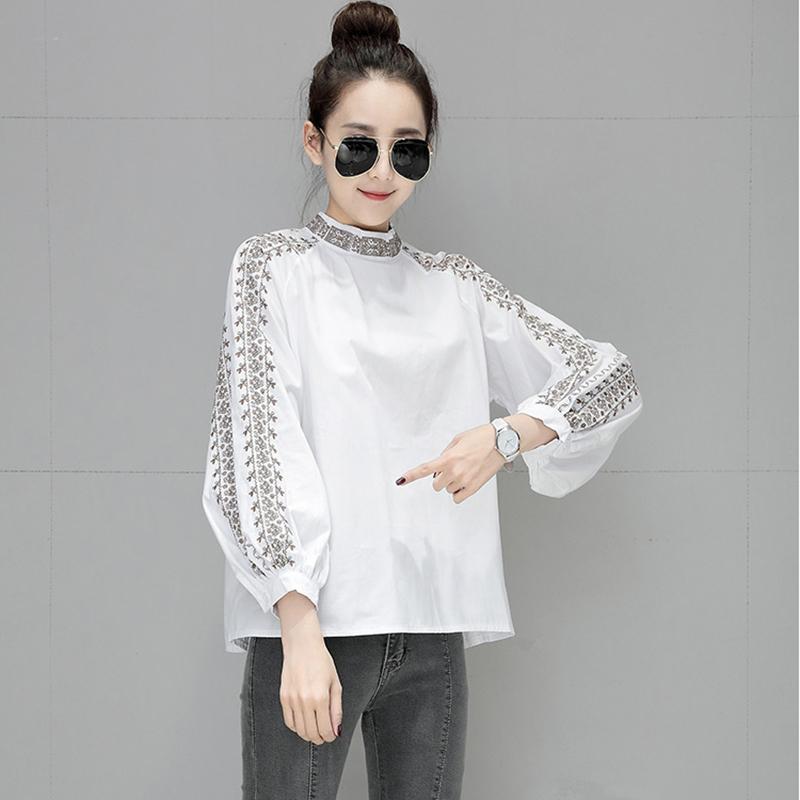

2020 Korean New chic blouses summer autumn women ladies fashion Vintage Loose tops and blouses embroidery shirt blusas, White