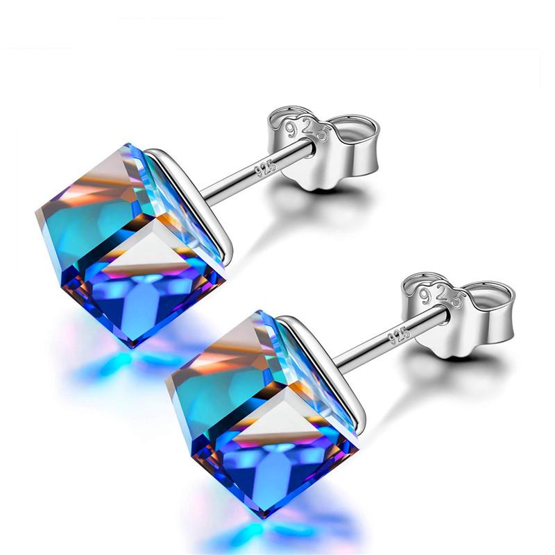 

Stud 4/6/8mm Square Stone Luxury Crystal Earrings 100% Real 925 Sterling Silver For Women Charm Wedding Small, Golden;silver