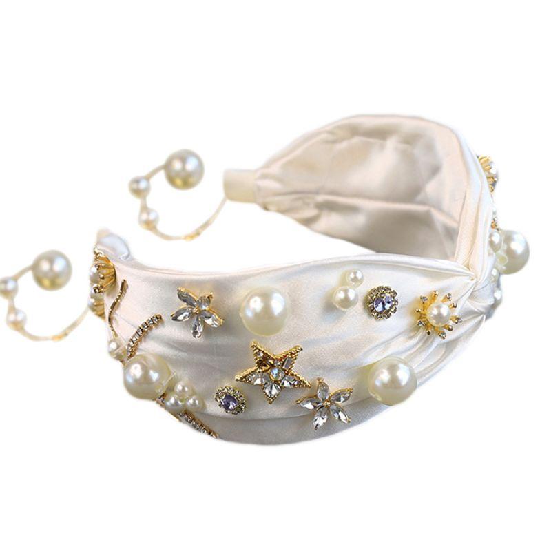 

Wedding Bridal Satin Twist Knot Wide Headband Crystal Star Beaded Flower Hair Hoop Imitation Pearl Pendant Tassel Princess Headd