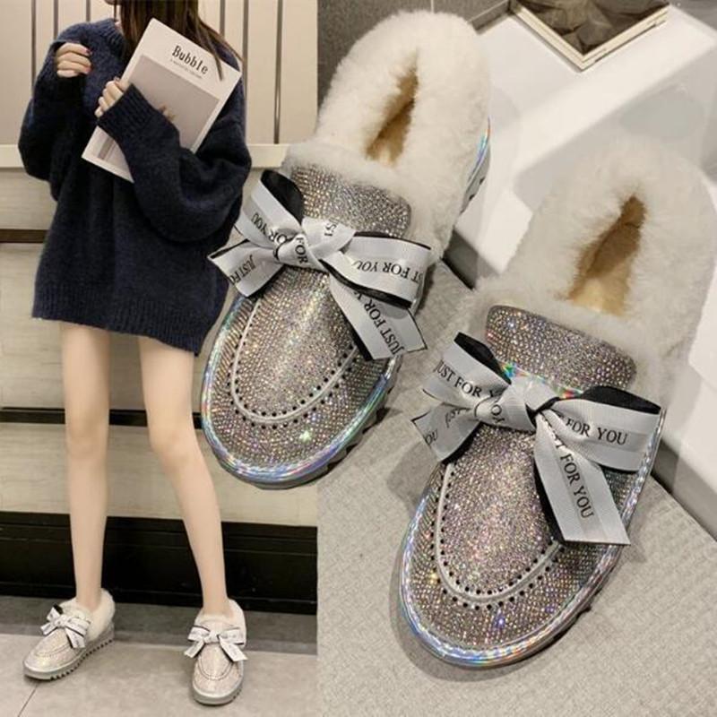 

High quality Silver Crystal Woman Snow Boots Keep Warm Thick Plush Women Winter Shoes Non Slip Platform Waterproof Ankle Boots
