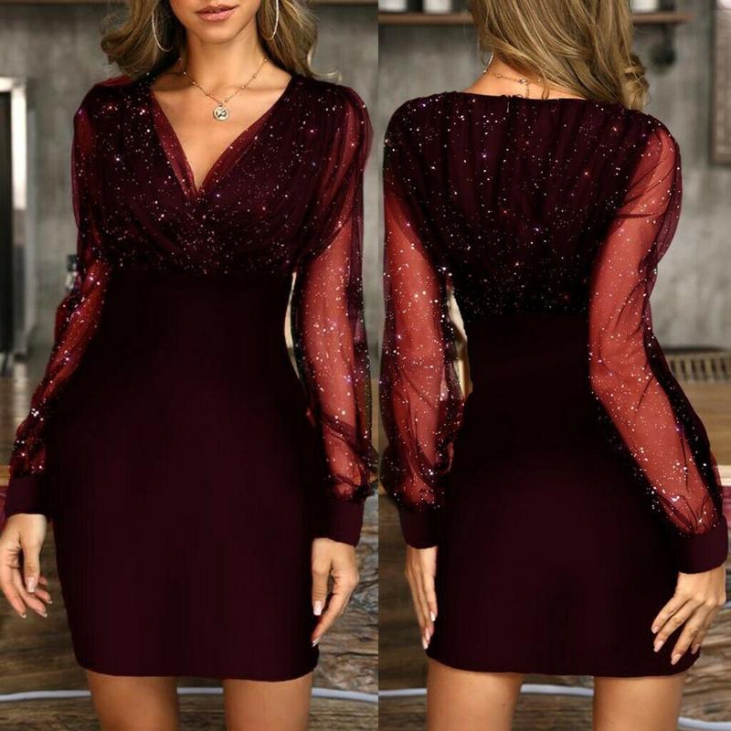 

Hot Sale Womens Mesh Sequin V-Neck Ladies Cocktail Evening Party Mini Dress Autumn Long-sleeve Stitching Slim Dress X85, Wine red