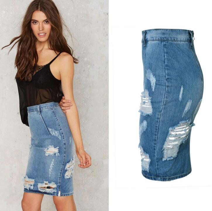 

Midi Female 2021 Torn Ladies Sexy Casual Pencil Blue Jeans Fashion Bodycon Denim High Waist Skirt Kri2
