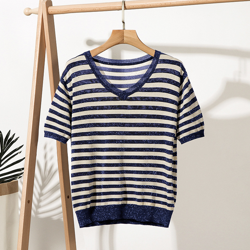 

2021 New Black White Striped Women Cotton Shirt Rib Casual Short Sleeves Top High Quality V-neck Female Bigsize t 50fc, Blue