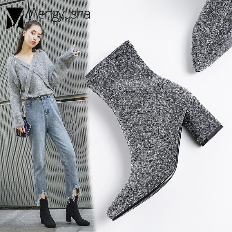 

Big Size12sliver bling thick heel riding botines women slim leg sock booties fashion stretch short ankle boot shoes women zapsto1, Black autumn boots
