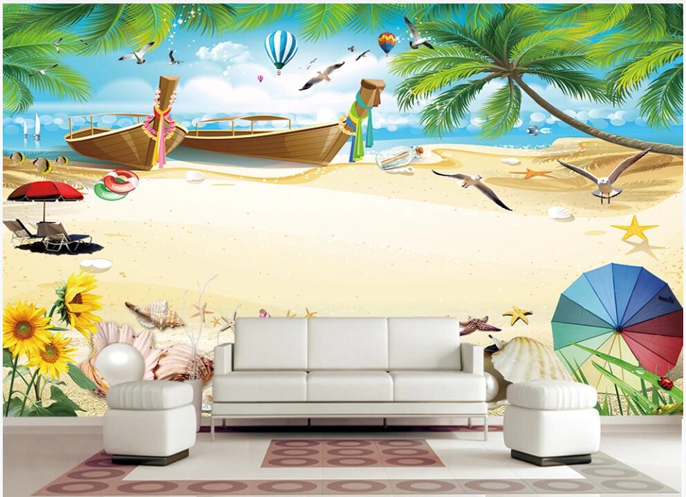 

Custom murals 3d photo wallpaper Seaside coconut tree shell wooden boat beach scenery 3d wall murals wallpaper for walls 3 d on the wall, Non-woven