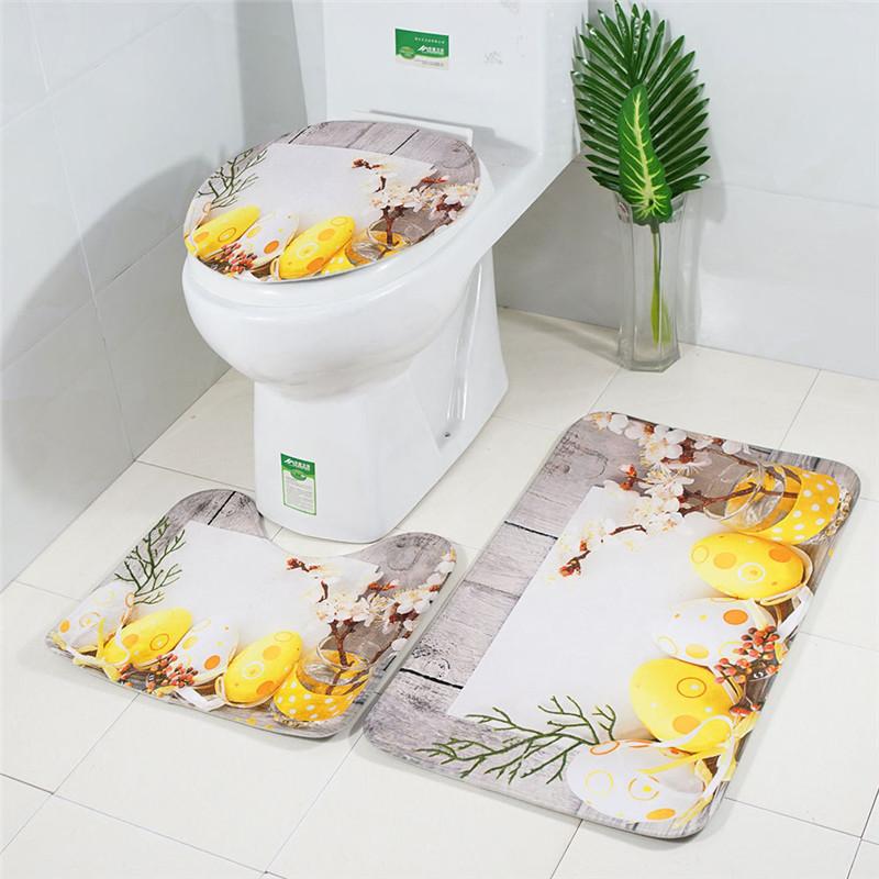 

Occident Style 3PCS Bathroom Floor Mat Flannel Toilet Pad set with Happy Easter printing pattern Non-slip combination Rugs set