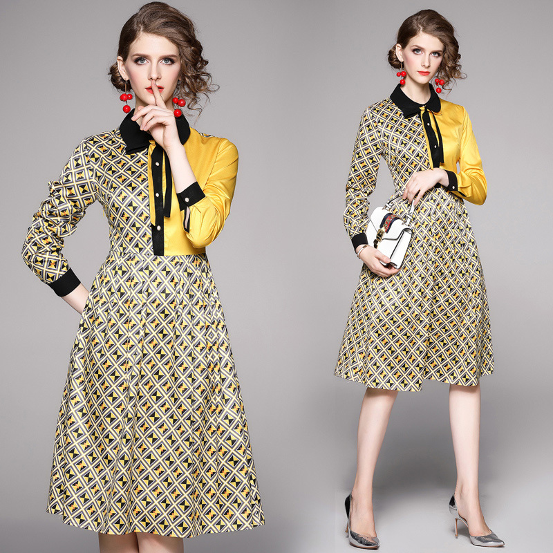 

2021 New Contrast Color Vintage Tunic A-line Office Spring Summer Bow Women Elegant Geometry Print Long Sleeve Midi Es 8igs, Beige