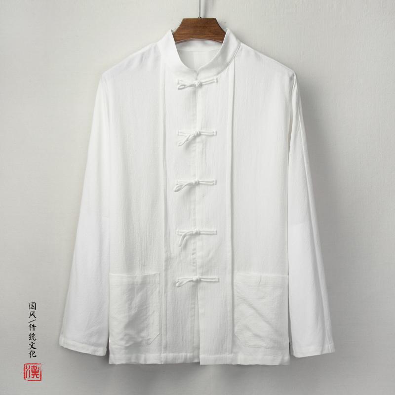 

Autumn new men's costume Chinese style buckle retro cotton Long shirt large pocket traditional loose streetwear Black White