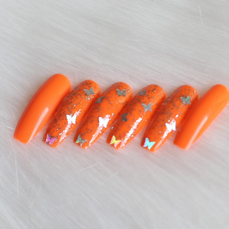 

24pcs Orange high-end salon ballet coffin DIY crystal glitter handmade fake nails, 1pcs