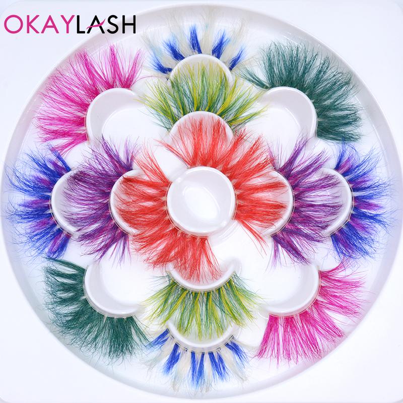 

OKAYLASH wholesale 25mm long luxury mink colored eyelashes bulk makeup thick fluffy fake lash extension colorful soft lashes