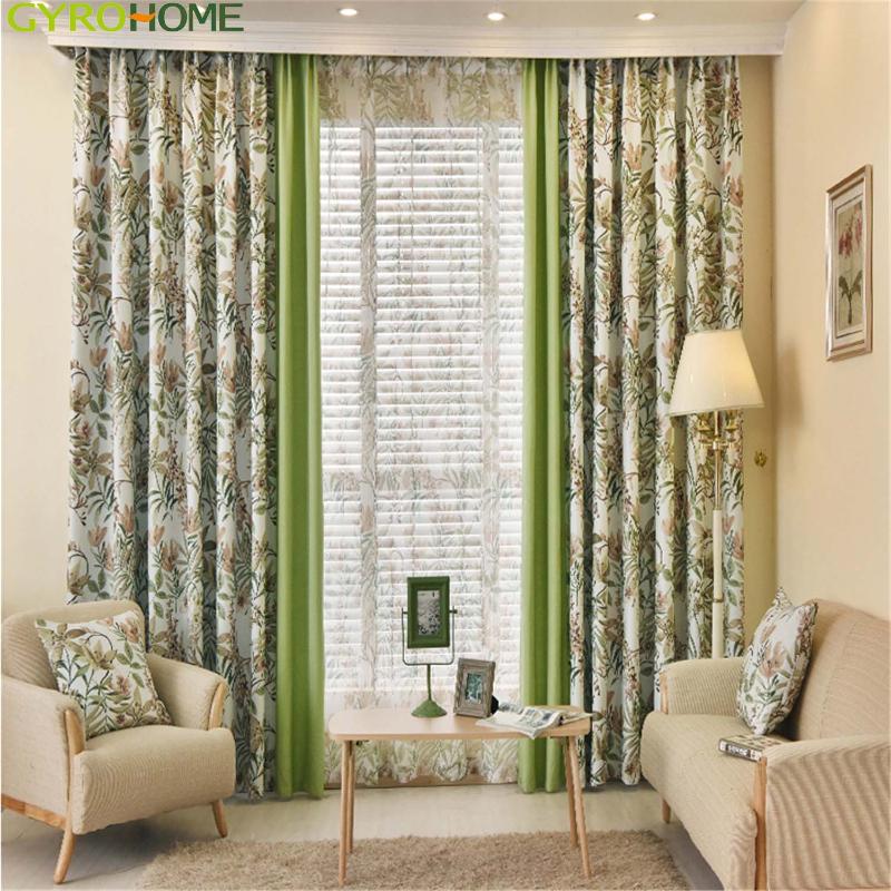 

European style Floral Printing blackout Curtains for Living Room Bedroom Kitchen Printed Flower Window Drapes, Green tulle