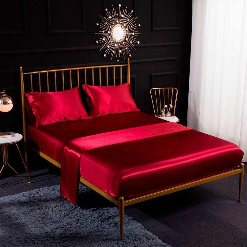 

Wedding Satin Bedding Set 3/4pcs Solid Color Imitation Silk Satin Flat Sheet Fitted Sheet Pillowcase Multi Size Home Bedclothes1, Model 6 black