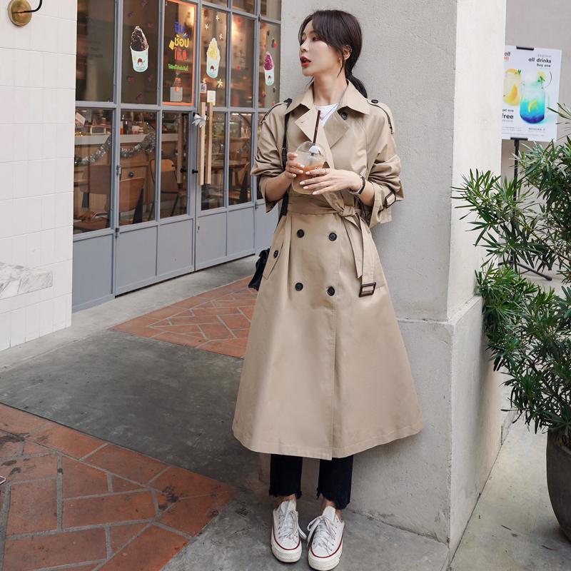 

Brand New Fashion Double-Breasted Long Women Trench Coat with Belt Lady Duster Coat Khaki Outerwear Clothes Spring Autumn
