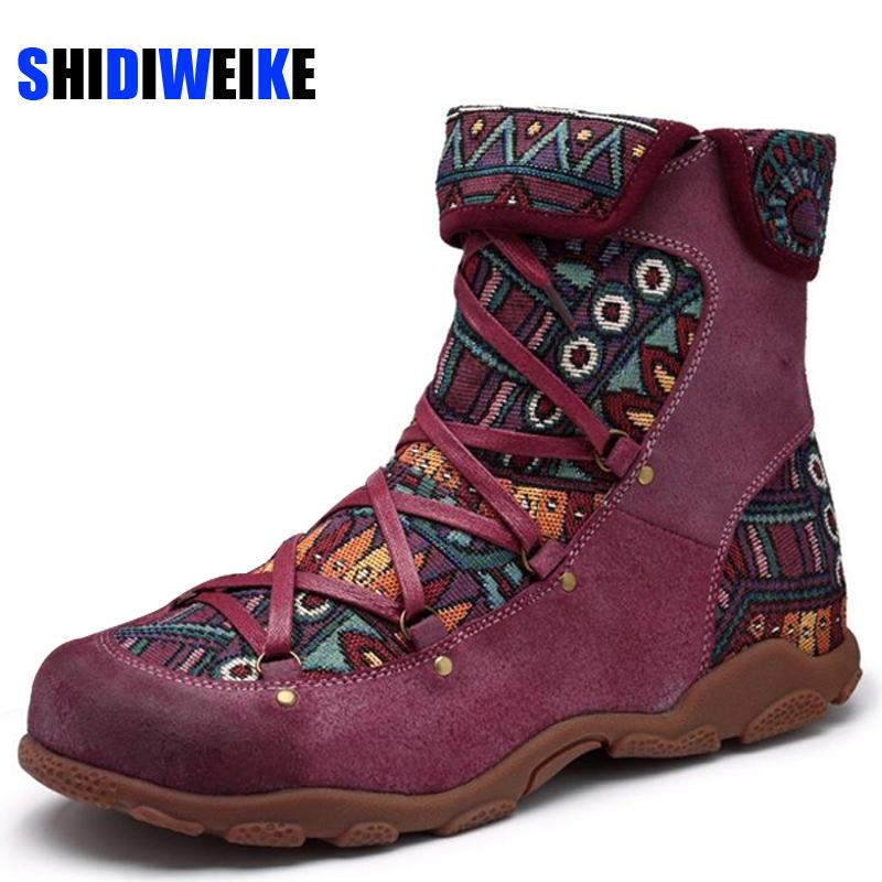 

Winter Women Boots Retro Leisure Embroidery Stitching lace up Ankle Boots cross-tied Comfortable women shoes Flat Shoes AB689, Black