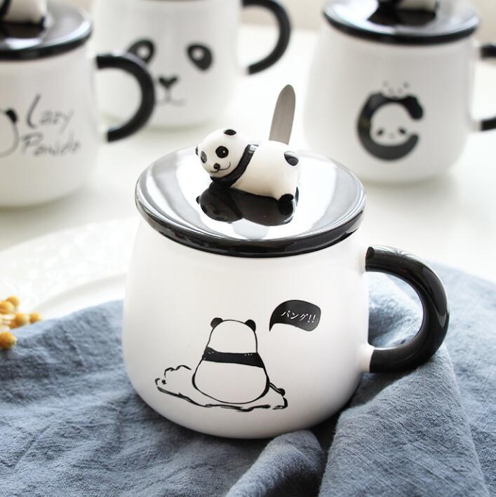 

Panda Mugs With Cover Spoon Creative Ceramic Coffee Breakfast Milk Water Mug Porcelain Cup Home Drinkware Glasses Gift, 01
