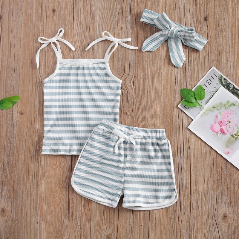 

Pudcoco Toddler Baby Girl Clothes Sleeveless Striped Print Round Collar Strap Tops Short Pants Headband 3Pcs Outfits Clothes, Blue