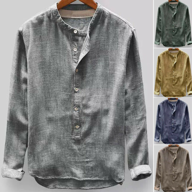 

Hot Men's Linen Long Sleeve Shirt Summer Cool Loose Casual Solid Shirts Tops Plus Size L-4XL, Dark blue
