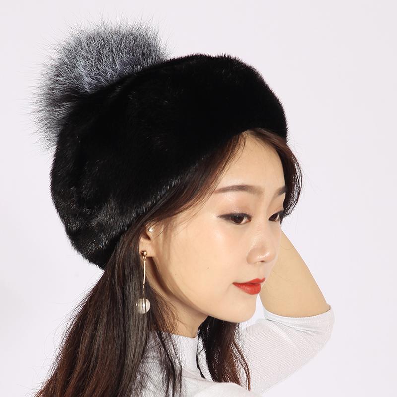 

XINYUXIANG Luxury Import Hat with Hairball Women winter Black Full pelt Beanies Skullies Bomber real fur Hats 1312A