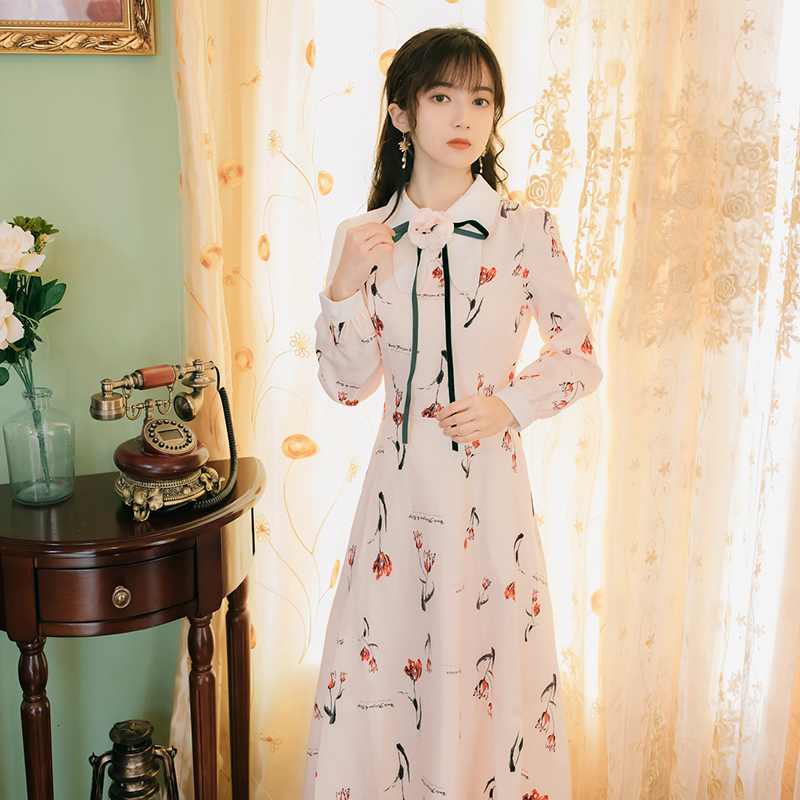 

Heifer Meads Print Long Sleeve Complete Tunic Adjustment and Flare Peter Pan Collar Sweet White Dress Female 2021 Spring Summer 0m7v, Blue