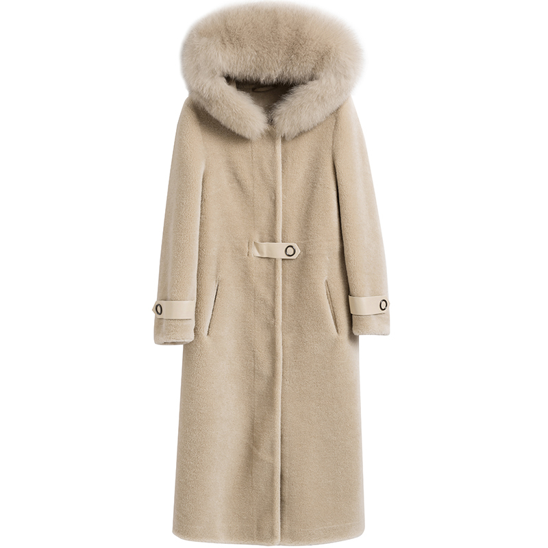 

Coat Women's Winter of Natural Sheep-cutting, Wool Coat, Female, Long, Fox Skin, Collar, Hood, Cloak, Femme Xh2p, Colors light came l