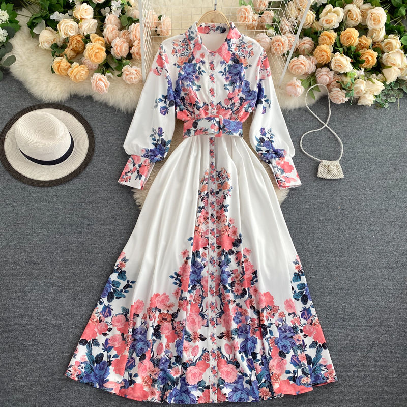

2021 New Female singer retro print maxi dress autumn collar puff button the line dressed chic boho printed long robe 7CFJ, White