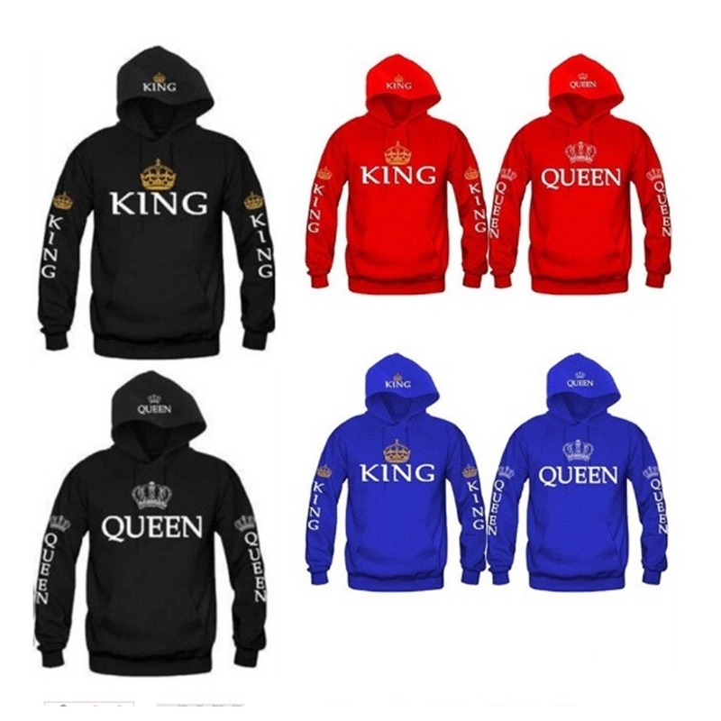 OMSJ Autumn 3Colors King Queen Printed Hoodies Women Men Sweatshirt Lovers couples hoodie Hooded sweatshirt Casual Pullover 201127