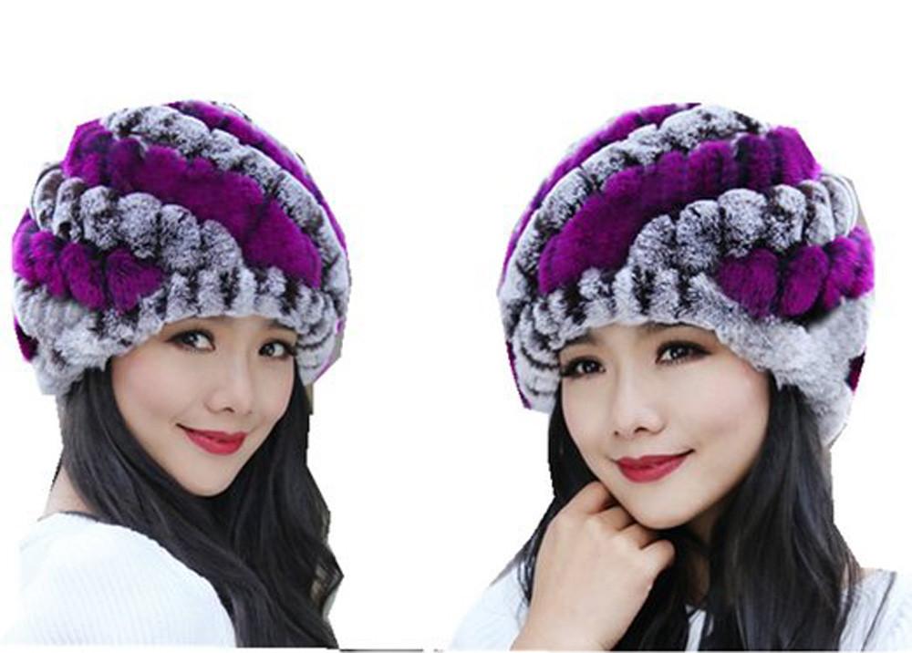 

Luxury Autumn Winter Women's Genuine Real Knitted Rex Fur Hats Handmade Lady Warm Caps Female Beanies Headgear Hot Sale, Black