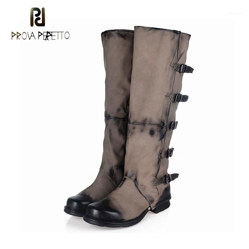 

Prova Perfetto Genuine Leather Do Old Women Knee High Boot Square Toe Thick Bottom Motorcycle Boots Belt Buckle Knight Long Boot1, Grey plush in