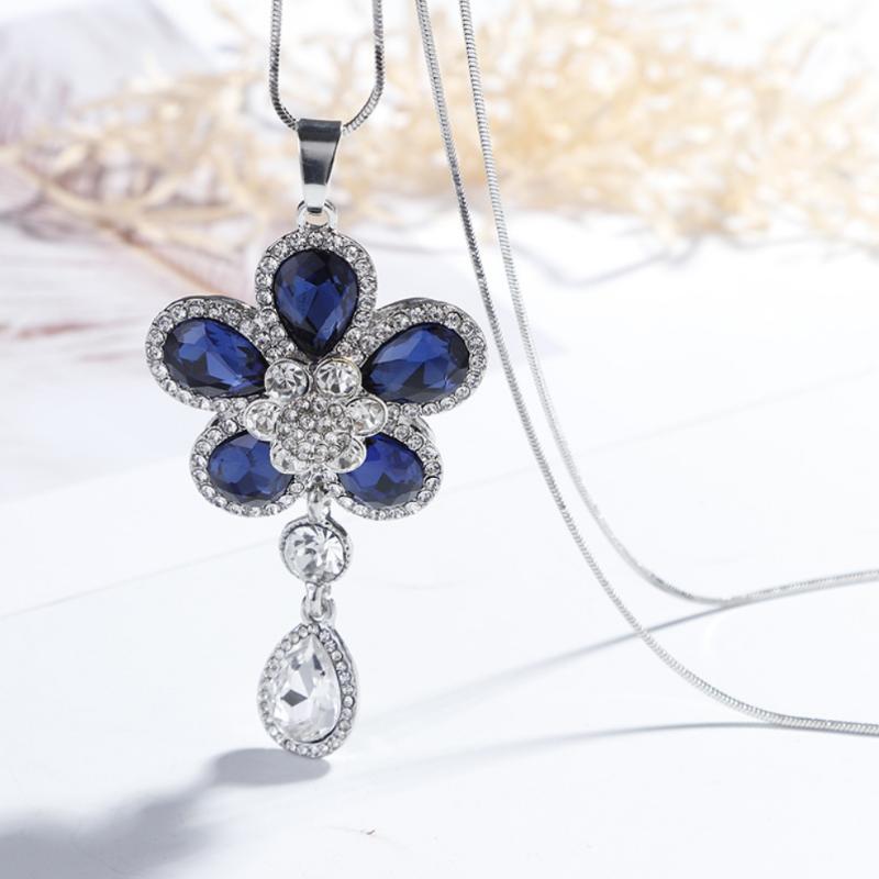 

Women sweater Necklace flower pendant blue crystal petal white water-drop silver plated Metal Long snake Chain