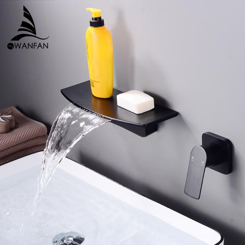 

Bathtub Faucet Black Brass Wall Mount Waterfall Bathroom Faucet Big Curve Spout Single Lever Vanity Sink Mixer Water Tap 855865