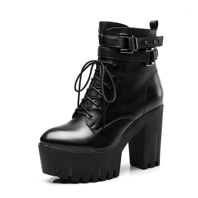 

Fashion Womens Autumn Winter Genuine Leather High Heel Boots Cross Tied Zip Buckle Round Toe Thick Bottom Platform Ankle Boots1, Black