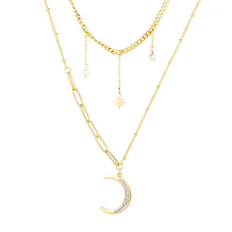 

FIREBROS Gold Color Stainless Steel Zircon Pearl Star Moon Pendant Multilayer Chain Necklace Choker Women Jewelry Dropshipping1