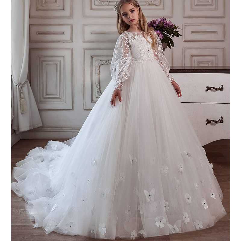 

White Long Sleeve Flower Girl Dresses For Wedding Jewel Neck Floral Butterfly Girls Pageant Gowns Backless Kids Birthday Dress, Beige