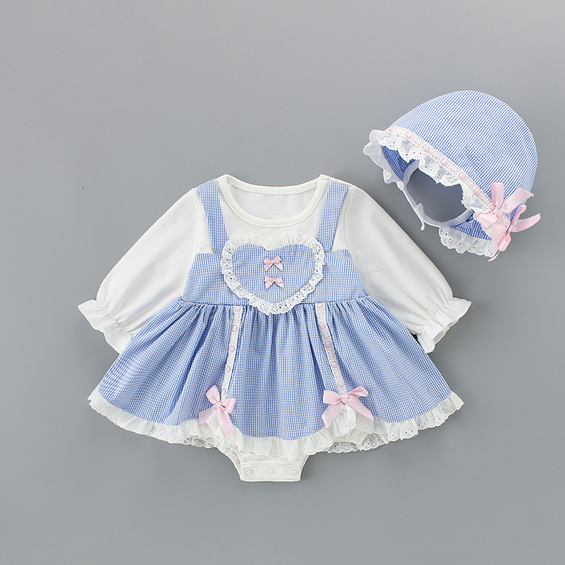 

2021 New Autumn Infant Girls Princess Plaid Baby Christening Baptism Party Wedding Bodysuit with a Hat 0-18m Juz5, Blue