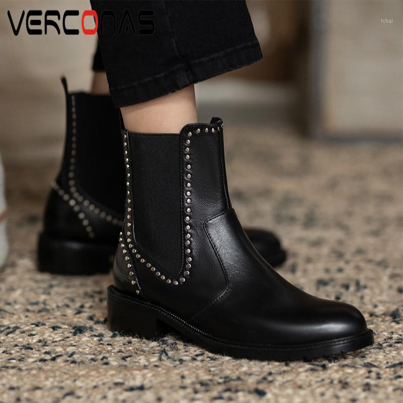 

VERCONAS Women Genuine Leather Ankle Boots 2020 Fashion Popular New Autumn Winter Office Lady Boots Concise Rivets Woman1, Black