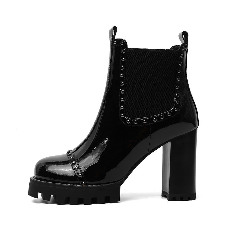 

2021 New High Quality Girls Ankle Sexy Genuine Leather Thick Women Boots Heel Rivets Shoes Woman Hyuo, Black