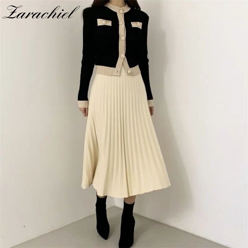 

Chic Office Ladies Single Breasted Pearl Buttons Cardigan Sweater+Pleated Long Skirt Suit Autumn Winter Knitted 2 Piece Set 201102, Picture color