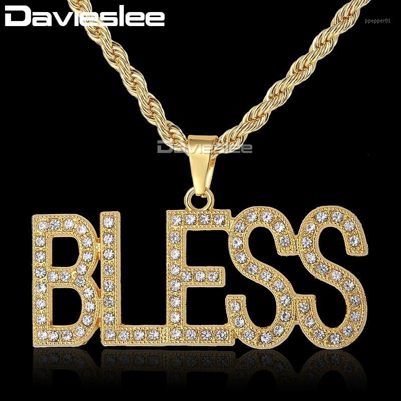 

Davieslee BLESS Letter Pendant Necklace Mens Miami Chain Iced Out Paved Rhinestones Gold Color Jewelry DGP112_11