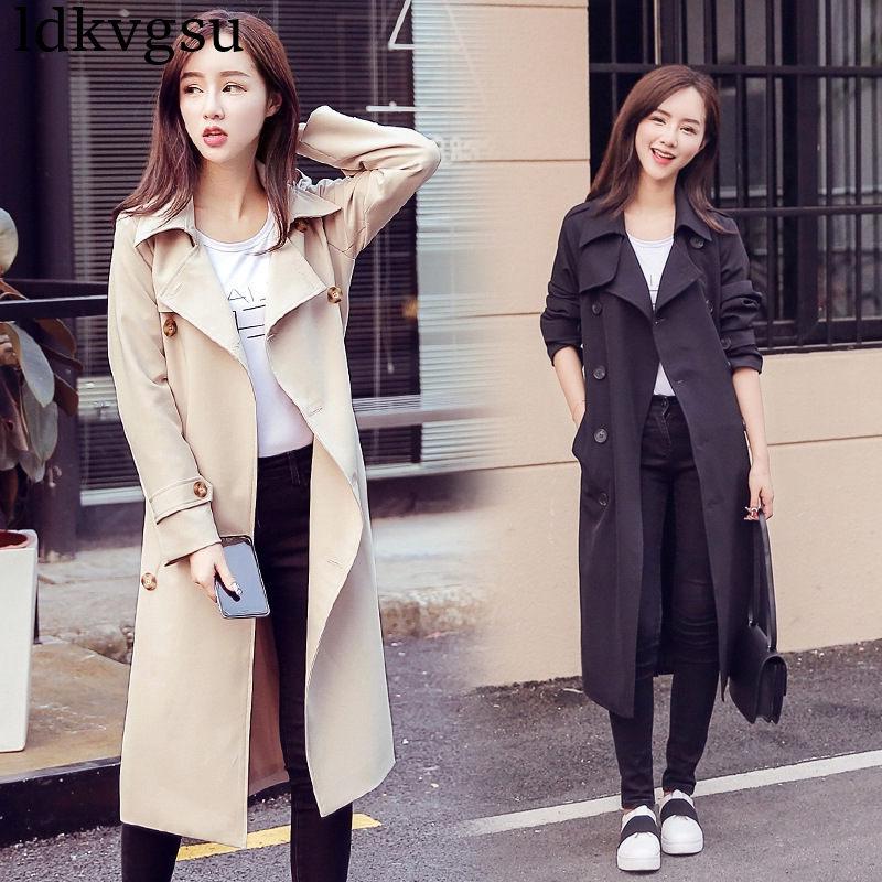 

2020 New Women's Spring Autumn Double Breasted Long Trench Coat Casual Plus Size Windbreaker Outerwear Lady Slim Overcoat A785, Black