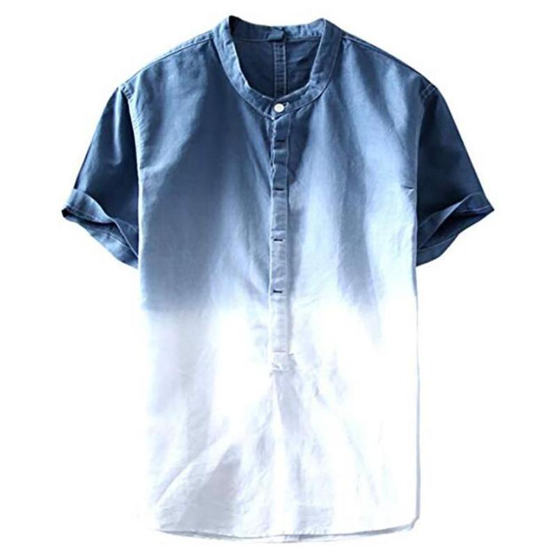 

Men's Casual Shirt Summer Male Cool And Thin Breathable Collar Hanging Dyed Gradient Cotton Shirt O-Neck Single Breasted Blouse, Blue