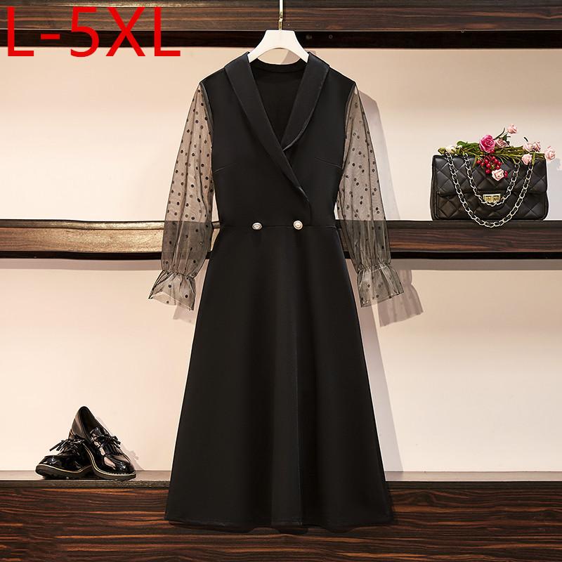 

5XL Plus Size Korean Style 2021 Autumn Women's V Neck Dot Mesh Flare Long Sleeves Patchwork A Line Dress Female Dresses S160, As pic
