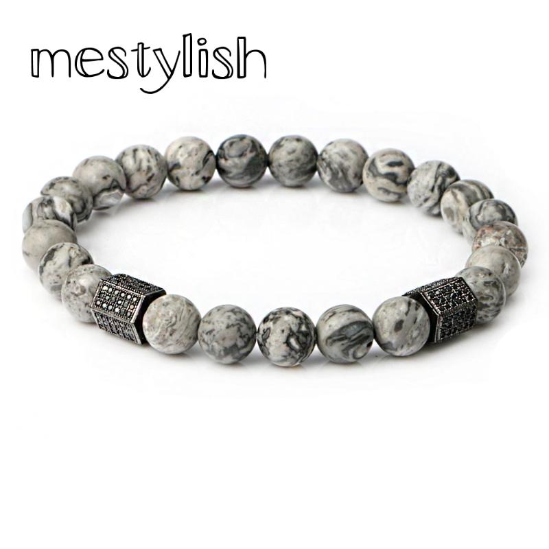 

Charm Bracelets Mestylish Luxury Cubic Zirconia Geometric Hexagon Brass Beads Men Gray Onyx Stone Bracelet Pulseira Masculina