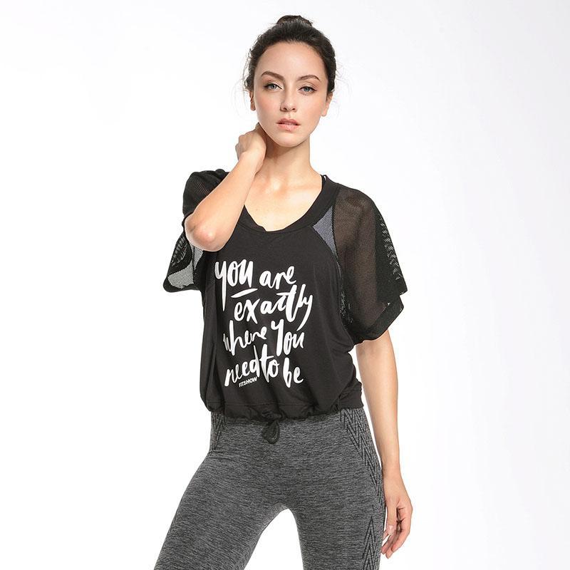 

U Women's Sports Blouse Yoga Top Training Fitness Running Shirt Sportswear Ladies Mesh Sleeves Shirts Loose-fitting1, Black