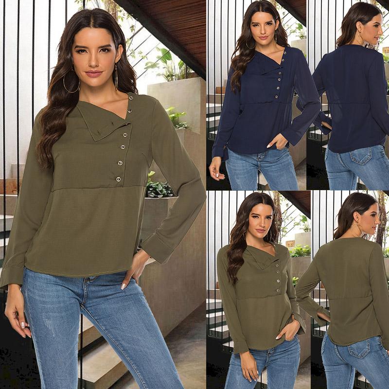 

Women Tops And Blouses 2020 Fashion Long Sleeve Skew Collar Chiffon Blouse Casual Tops Plus Size Elegent Work Wear Shirt, Green