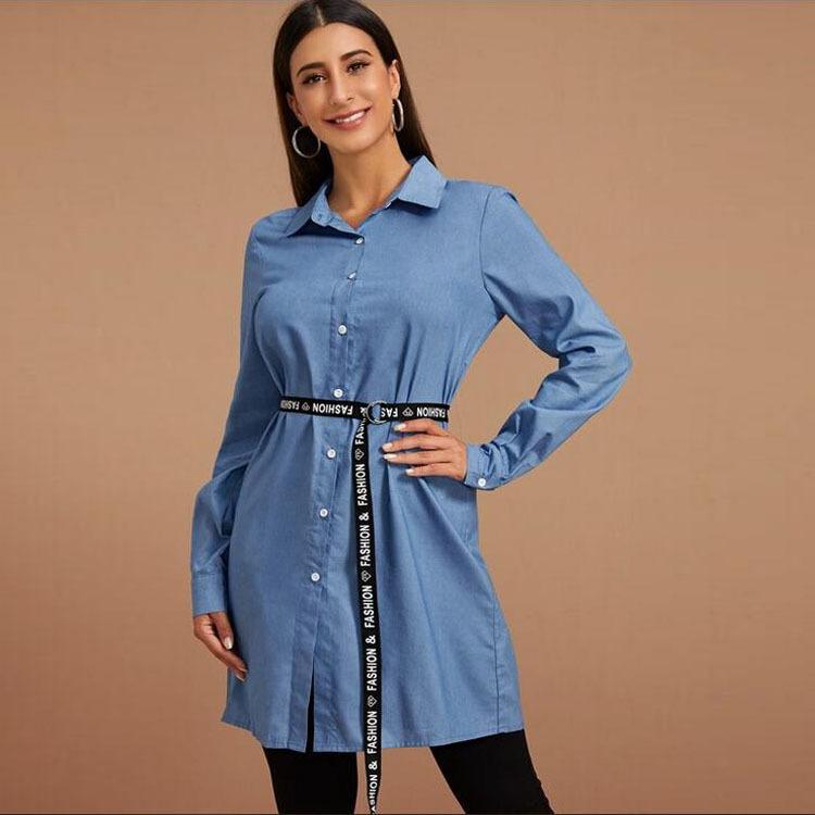 

2020 Fashion Denim Girl' Blouse Casual Oxford Shirt Long Sleeve Blouses Tops for Muslim Women Button Up Shirt, Blue