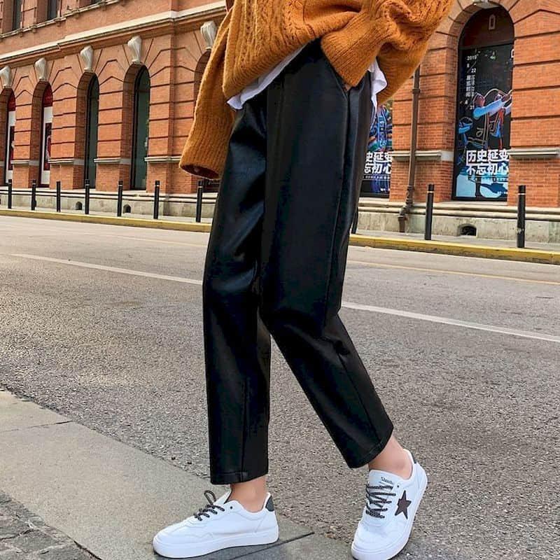 

New Autumn Winter Ankle-Length PU Pants Women Loose Pants Casual Harem High Waist Normcore Style Pleated Streetwear, Black